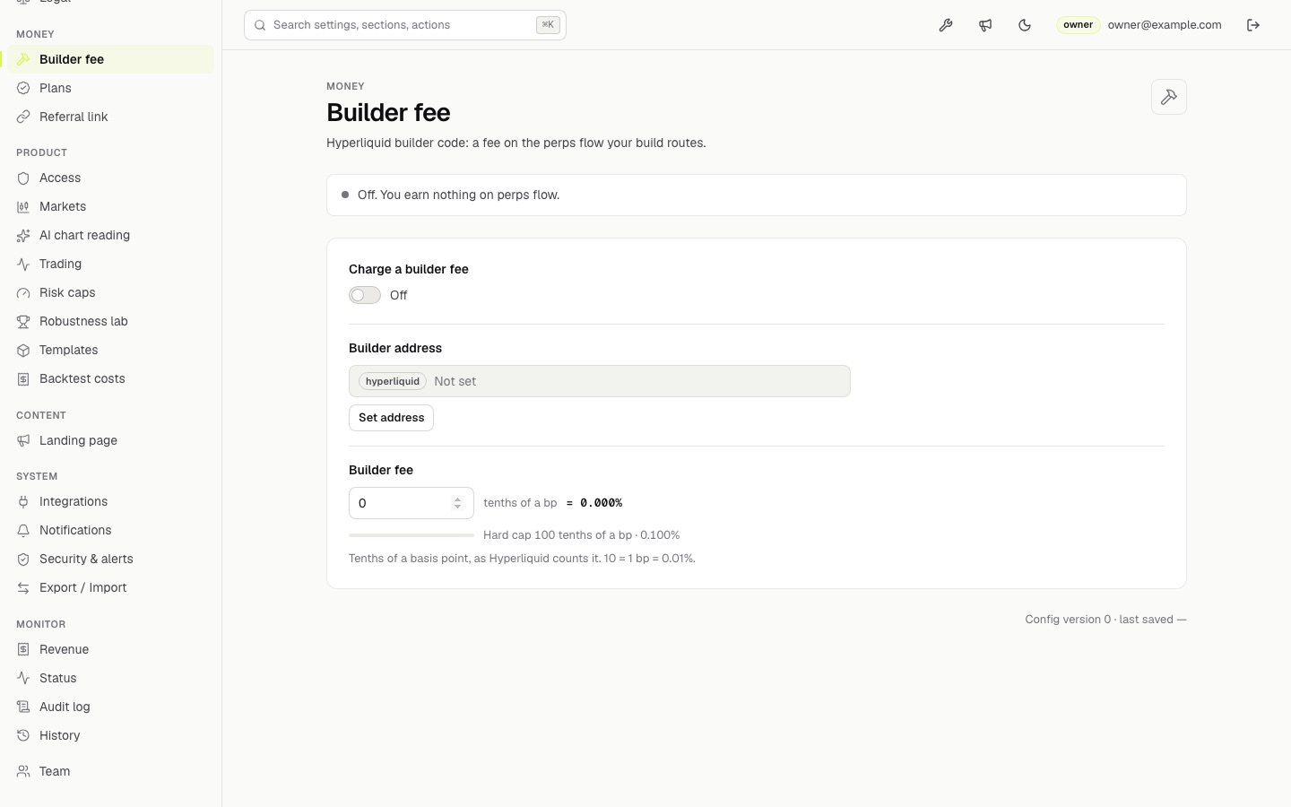 Builder fee section: off, no address, 0 tenths of a bp, hard cap 0.1 %