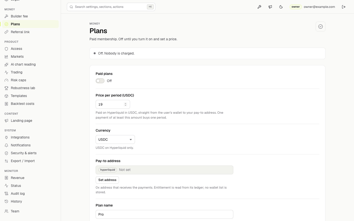 Plans section: paid plans off, price, pay-to address, period and AI quotas