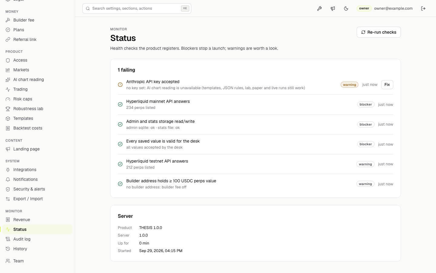 Admin Status page with the Hyperliquid, storage and settings checks