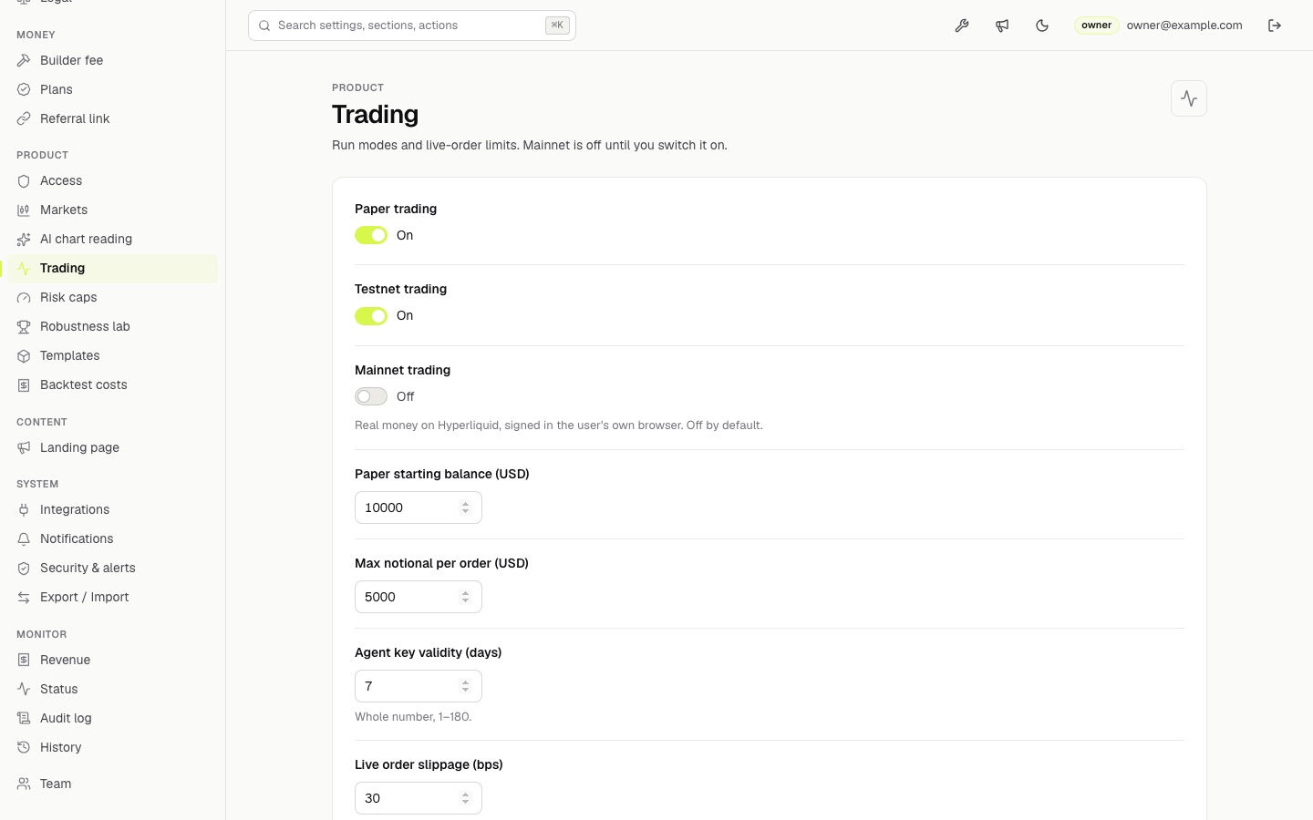 Trading section with paper, testnet and mainnet switches